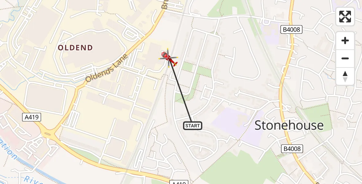 Routekaart van de vlucht: Air Ambulance Helicopter to Stonehouse, Midland Road