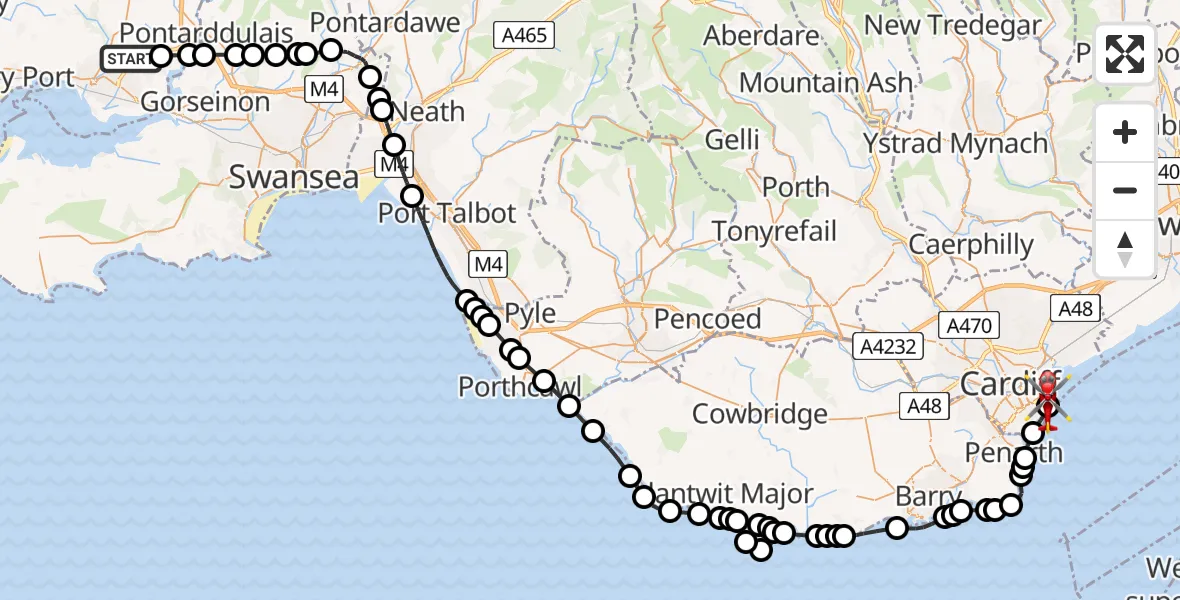 Flight route map: Air Ambulance Helicopter to Cardiff Heliport, Cardiff Heliport