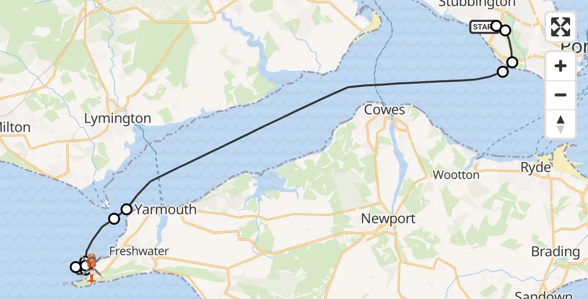 Flight route map: Coastguard Helicopter to Totland, Alum Bay New Road