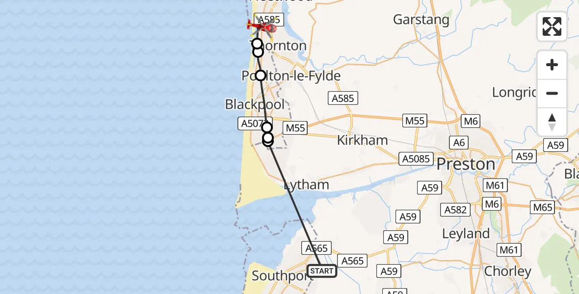 Flight route map: Air Ambulance Helicopter to Cleveleys, The Cop