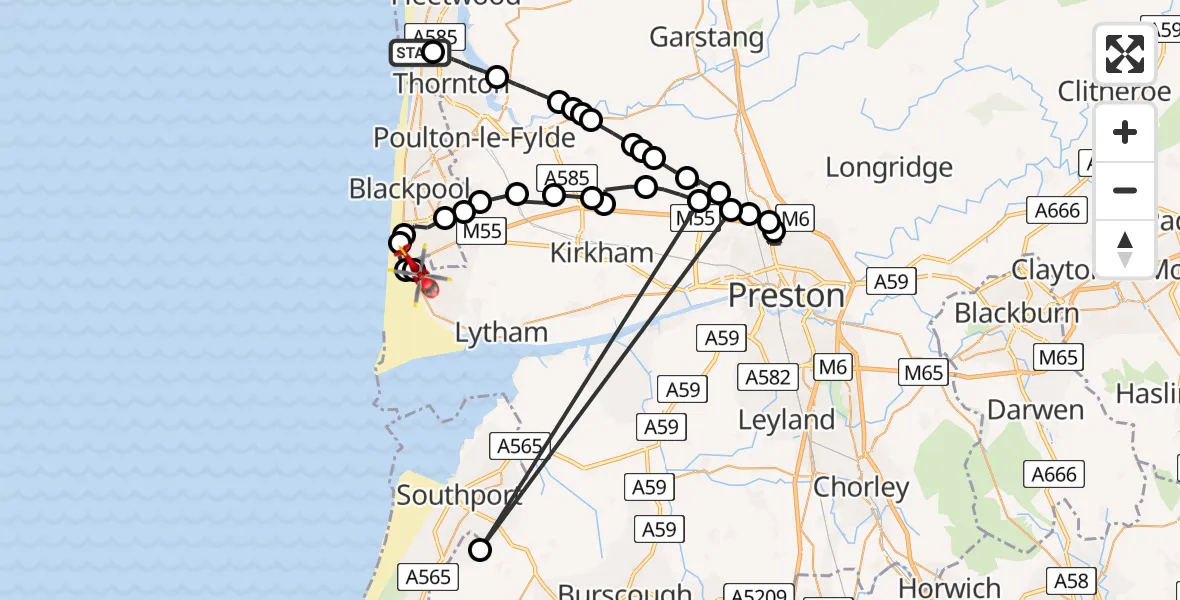 Routekaart van de vlucht: Air Ambulance Helicopter to Blackpool Airport, Blackpool Airport