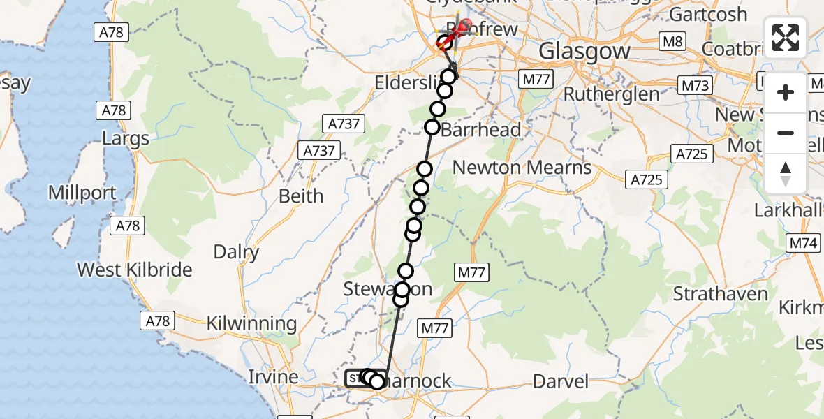 Flight route map: Air Ambulance Helicopter to Glasgow Airport, Glasgow Airport