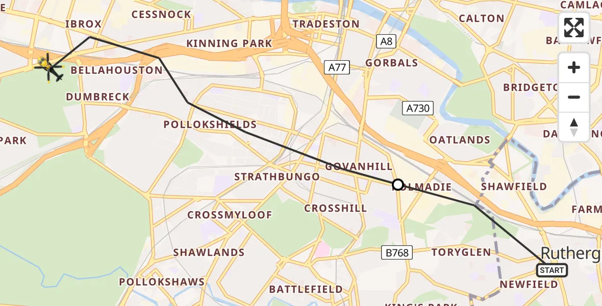 Flight route map:  to Glasgow, Paisley Road West