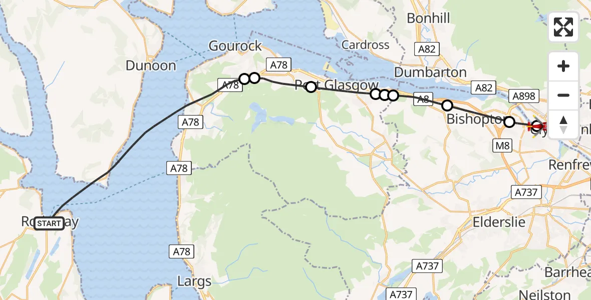 Flight route map: Air Ambulance Helicopter to Clydebank, Beardmore Street