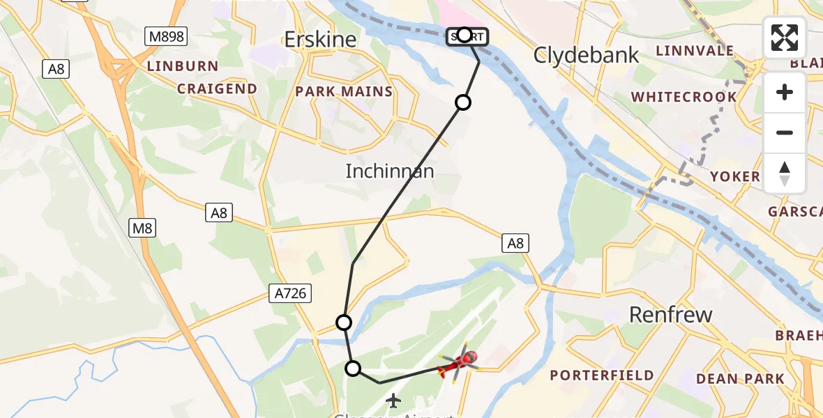 Flight route map: Air Ambulance Helicopter to Glasgow Airport, Glasgow Airport