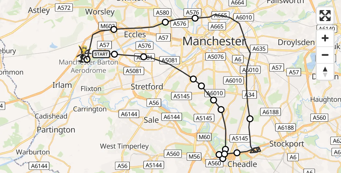 Flight route map: Police Helicopter to Manchester Barton Aerodrome, Manchester Barton Aerodrome