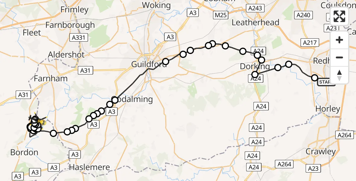 Flight route map: Police Helicopter to Dockenfield, High Thicket Road