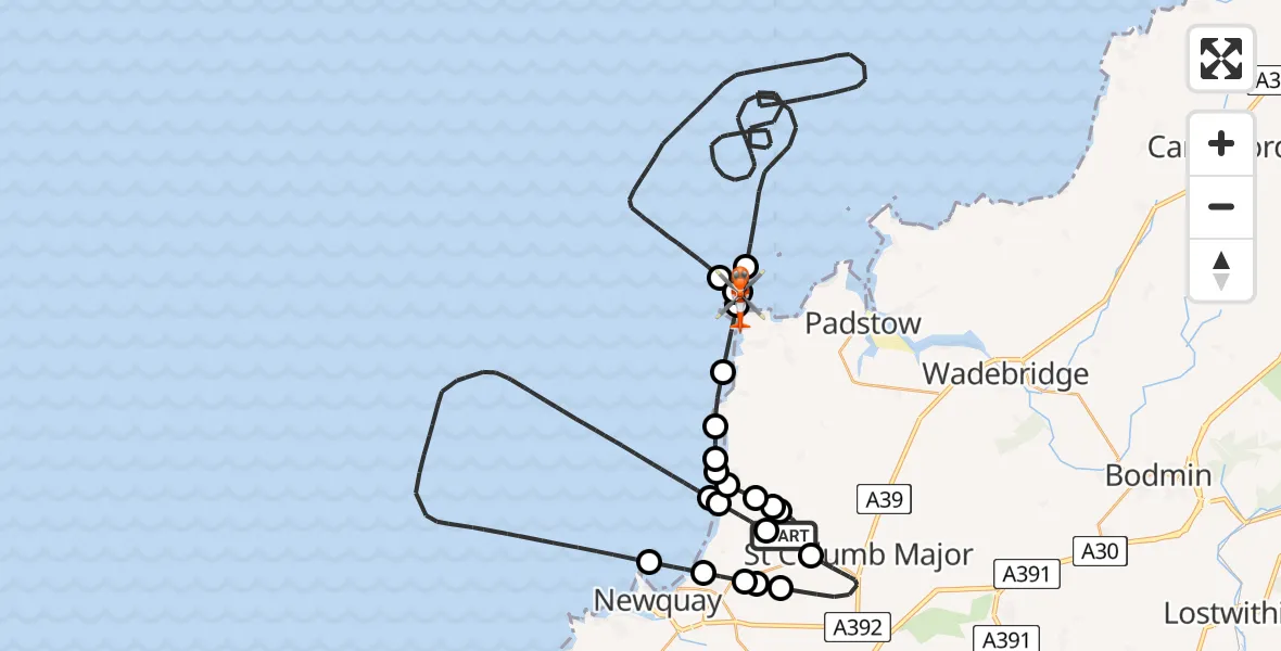 Flight route map: Coastguard Helicopter to Constantine Bay, Sandy Common
