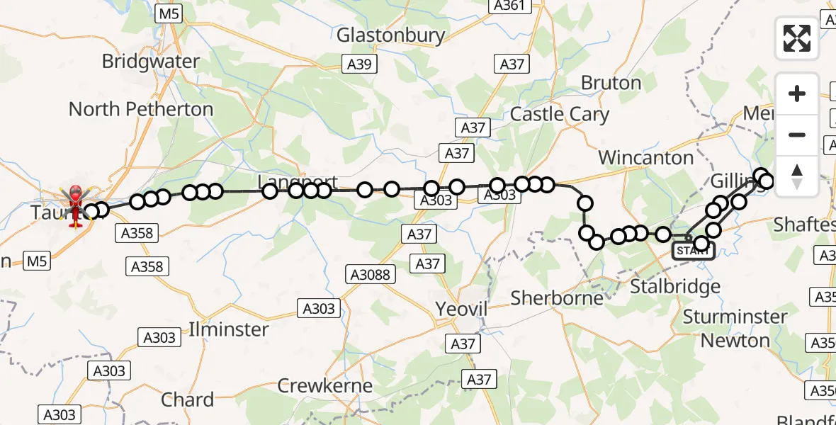 Flight route map: Air Ambulance Helicopter to Taunton, Cranmer Road