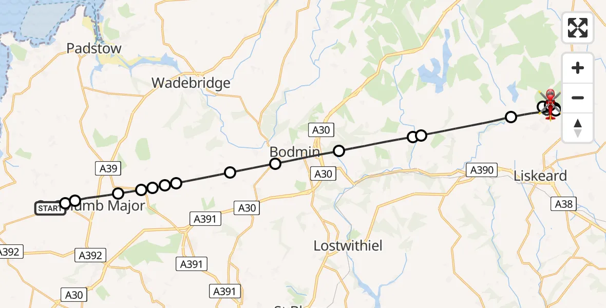 Flight route map: Air Ambulance Helicopter to St. Cleer, St. Cleer
