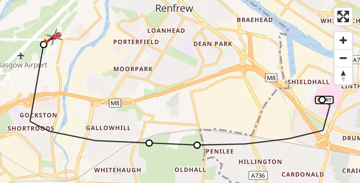 Flight route map: Air Ambulance Helicopter to Glasgow Airport, Glasgow Airport