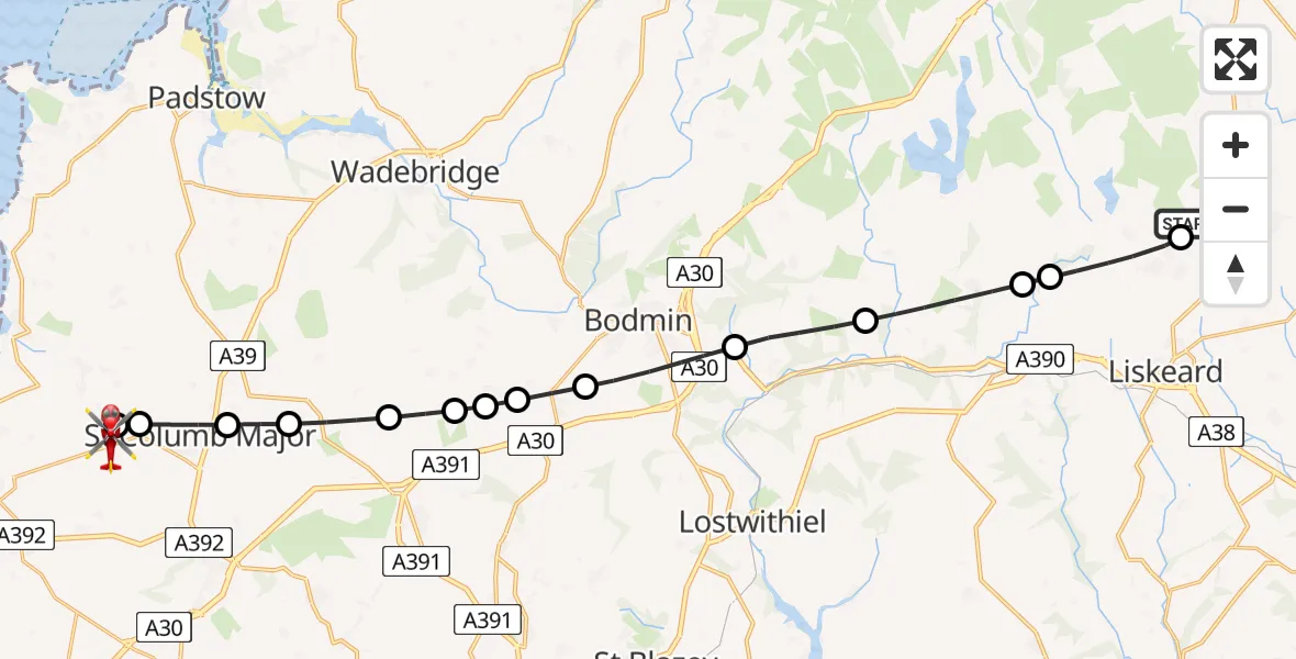 Routekaart van de vlucht: Air Ambulance Helicopter to Cornwall Airport Newquay, Cornwall Airport Newquay
