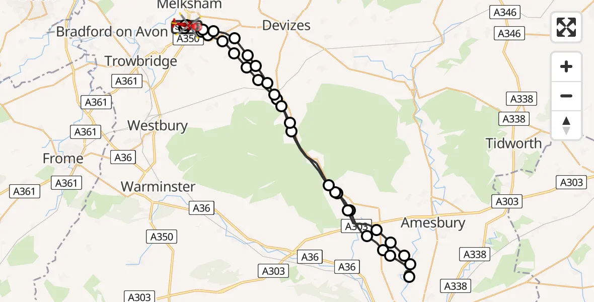 Flight path map showing Air Ambulance Helicopter route from Wiltshire Air Ambulance to Melksham