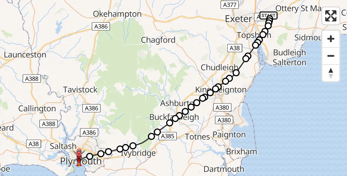 Flight route map: Air Ambulance Helicopter to Plymouth, Jefferson Walk