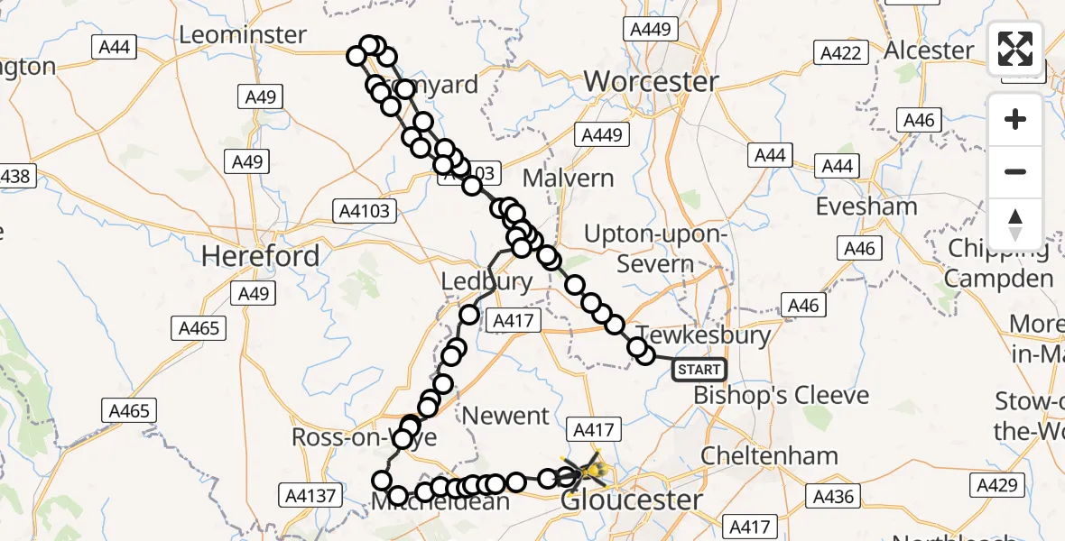 Flight route map: Police Helicopter to Lassington, HIGHNAM BRIDLEWAY 1