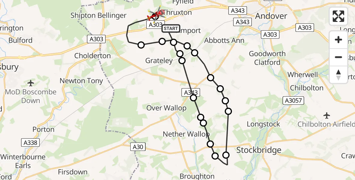 Flight route map: Air Ambulance Helicopter to Thruxton Aerodrome, Thruxton Aerodrome