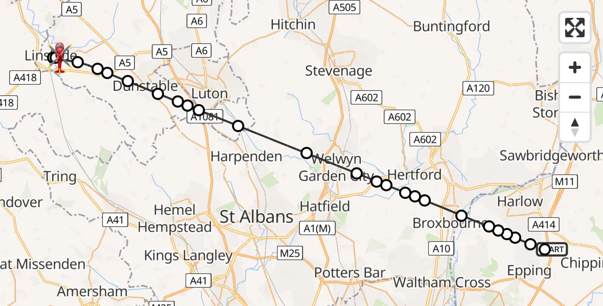 Flight route map: Air Ambulance Helicopter to Leighton Buzzard, Grove Road