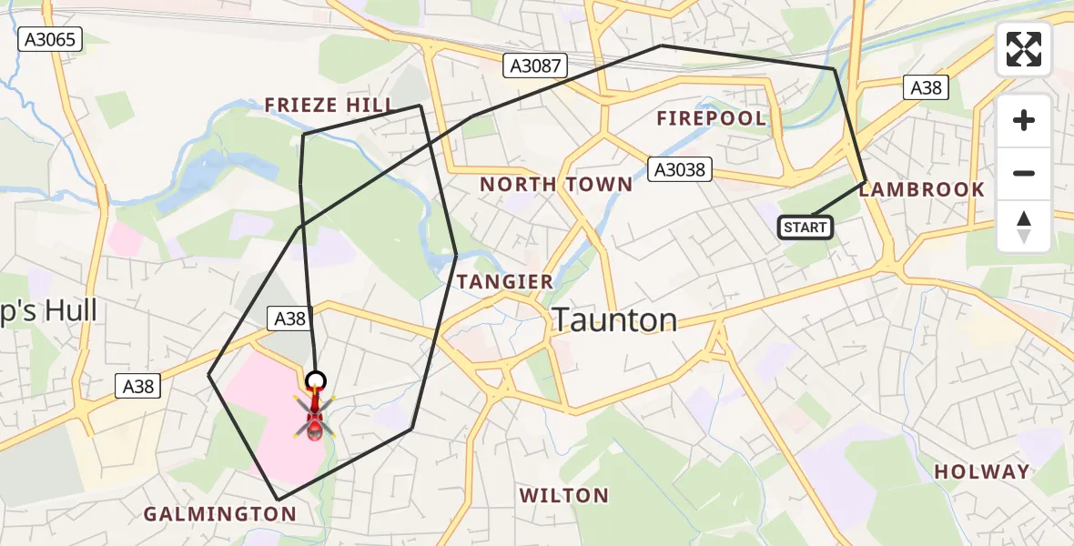 Flight route map: Air Ambulance Helicopter to Musgrove Hospital, Musgrove Hospital