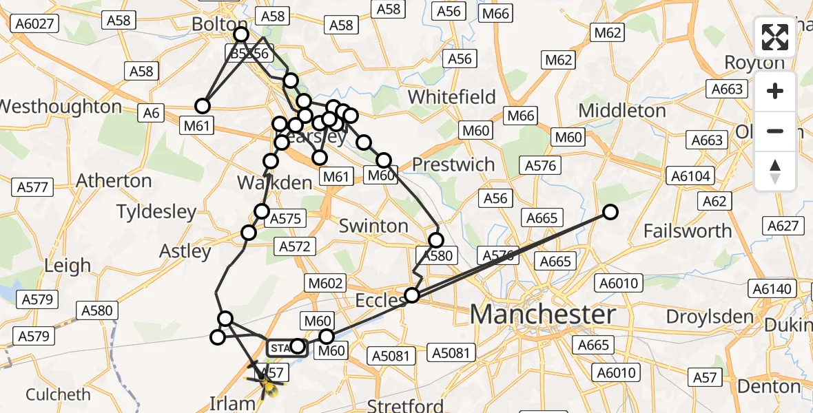 Flight route map: Police Helicopter to Eccles, Liverpool Road