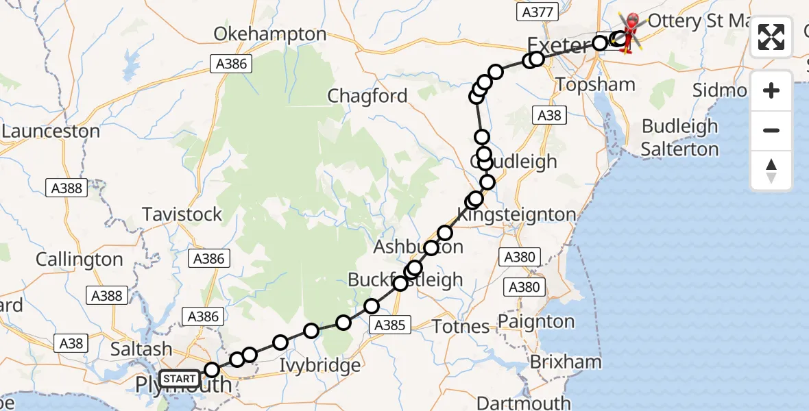 Flight route map: Air Ambulance Helicopter to Exeter International Airport, Exeter International Airport