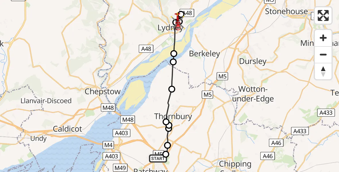 Flight route map: Air Ambulance Helicopter to Allaston, Highfield Road