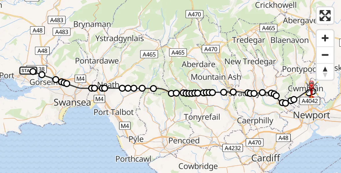 Flight route Air Ambulance Helicopter Dafen - Cwmbrân, 04 February 2026, 12:22