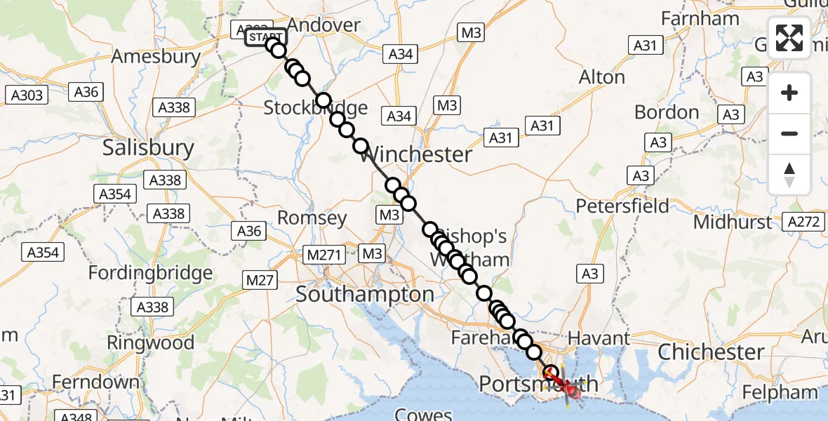 Flight route map: Air Ambulance Helicopter to Portsmouth, Milebush Road