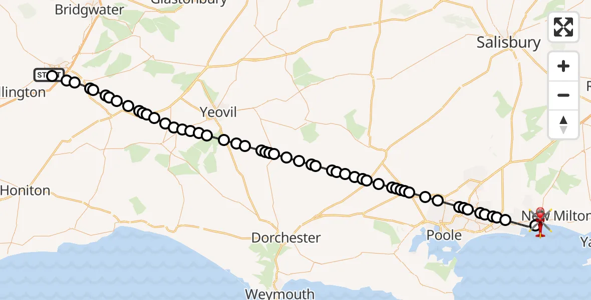 Flight route map: Air Ambulance Helicopter to Highcliffe-on-Sea, Lymington Road