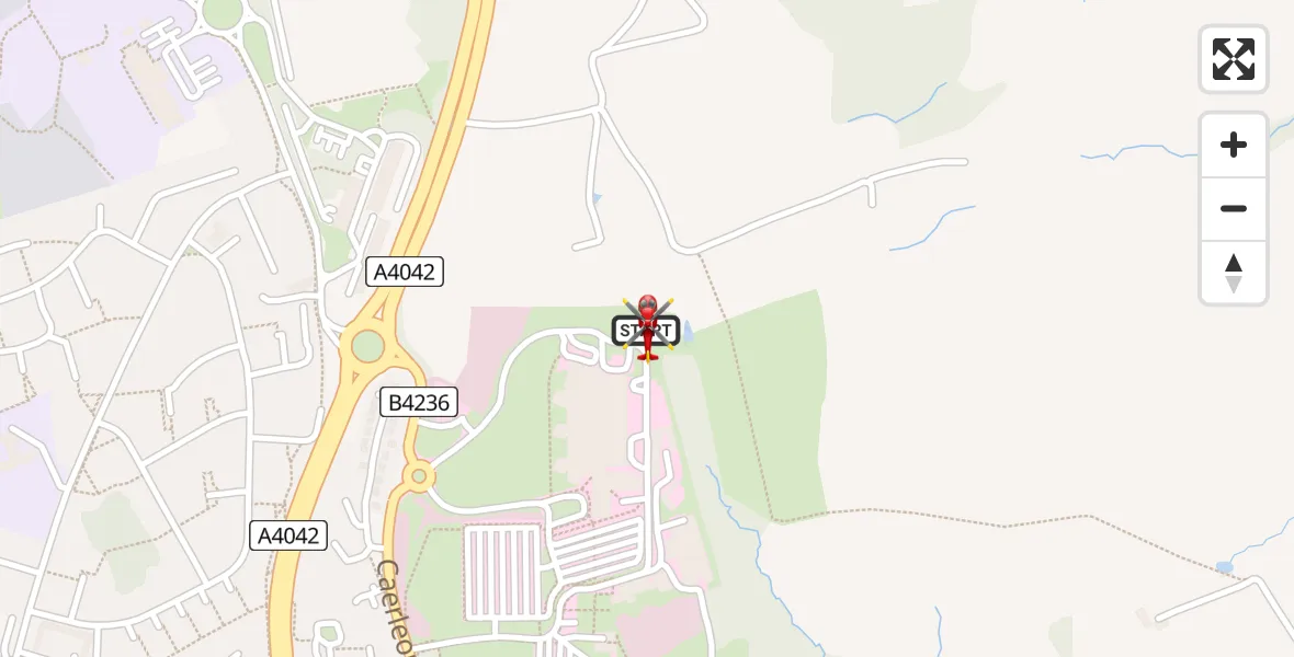 Flight route map: Air Ambulance Helicopter to Grange University Hospital Heliport, Grange University Hospital Heliport