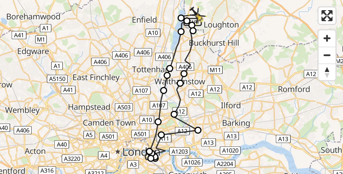 Flight route map: Police Helicopter to Sewardstonebury, Blind Lane