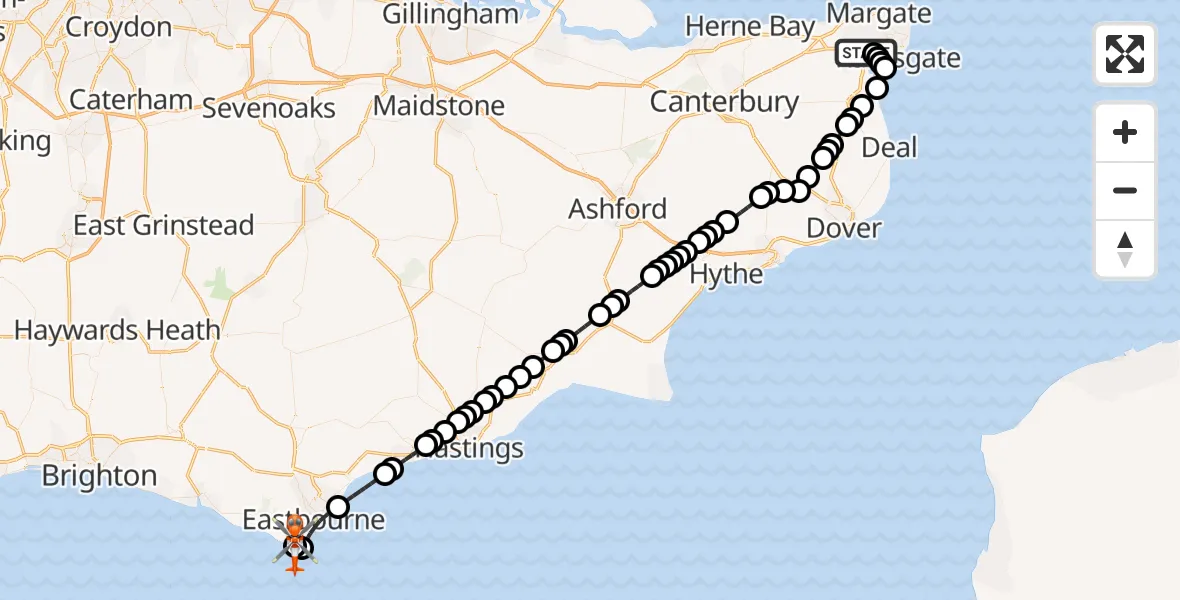 Flight route map: Coastguard Helicopter to Eastbourne, Beachy Head Road