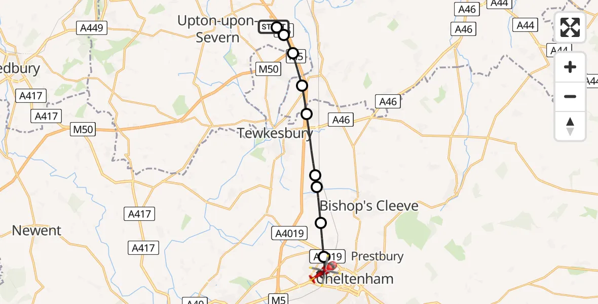 Routekaart van de vlucht: Air Ambulance Helicopter to Cheltenham, Bedford Avenue