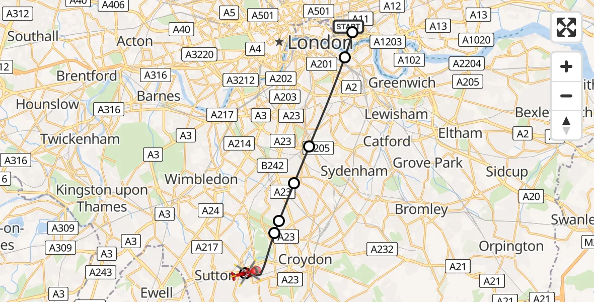 Routekaart van de vlucht: Air Ambulance Helicopter to Carshalton, Ruskin Road