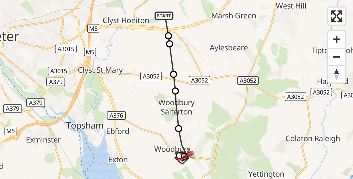 Flight route map: Air Ambulance Helicopter to Woodbury, B3179