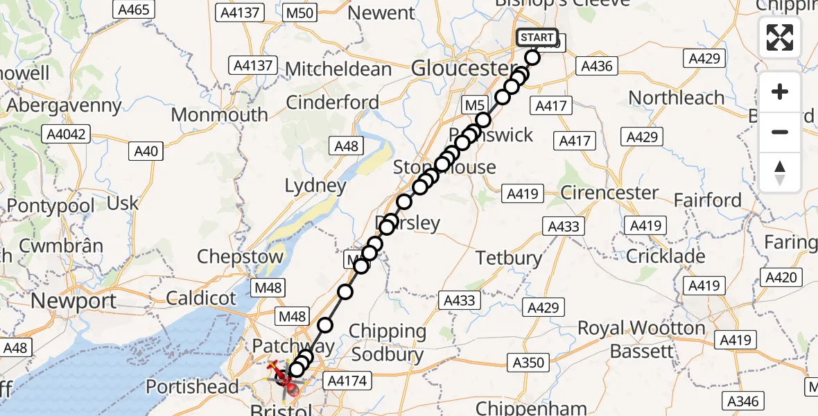 Flight route map: Air Ambulance Helicopter to Bristol, Kingsholm Road