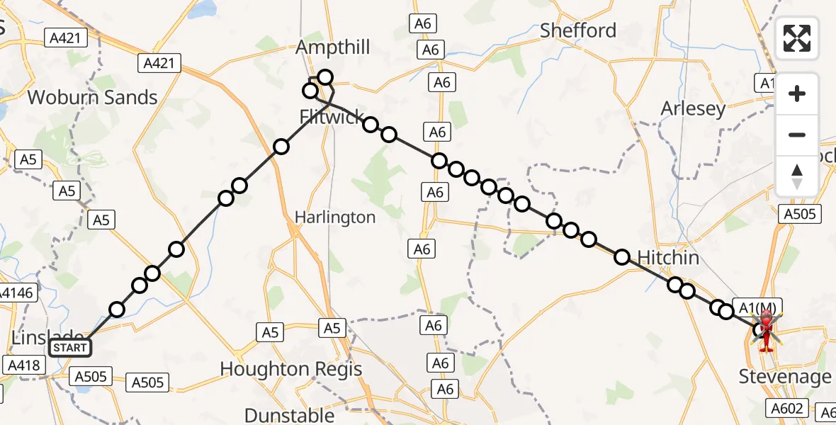 Routekaart van de vlucht: Air Ambulance Helicopter to Stevenage, Hitchin Road