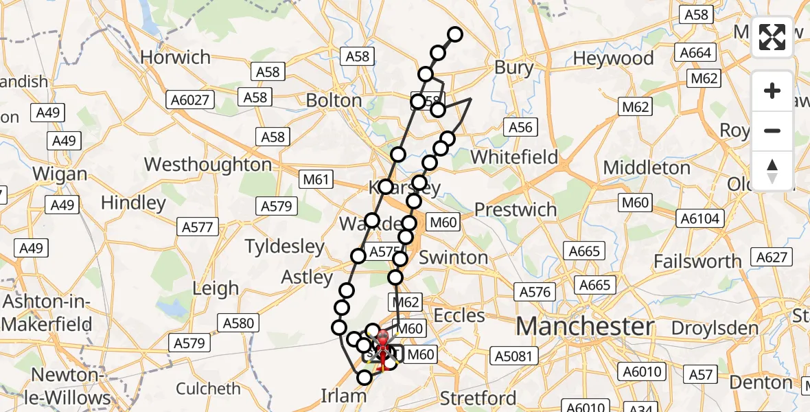 Flight path map showing Air Ambulance Helicopter route from Manchester Barton Aerodrome to Manchester Barton Aerodrome