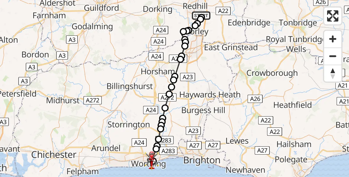 Flight route map: Air Ambulance Helicopter to Worthing, Stuart Close