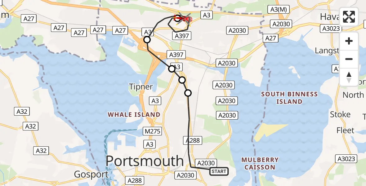 Flight route map: Air Ambulance Helicopter to Queen Alexandra Hospital, Wymering Lane