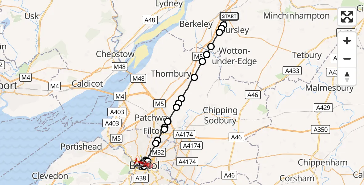 Routekaart van de vlucht: Air Ambulance Helicopter to Bristol Royal Infirmary Helipad, Bristol Royal Infirmary Helipad