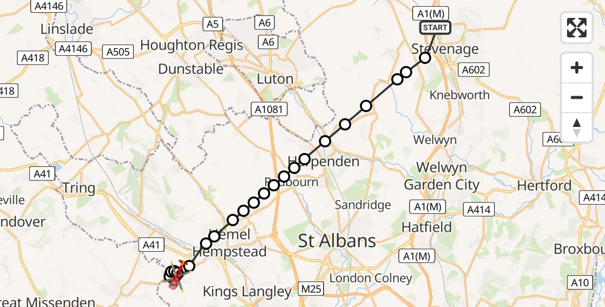 Flight route map: Air Ambulance Helicopter to Bovingdon, Lysander Close