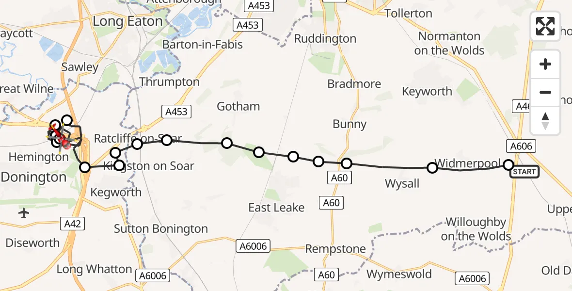 Flight route map: Air Ambulance Helicopter to Lockington, A50