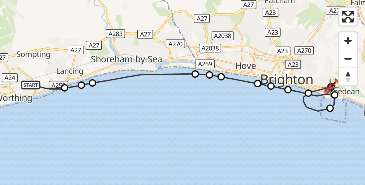 Flight route map: Air Ambulance Helicopter to Brighton, Wilson Avenue