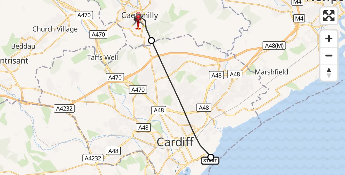 Flight route map: Air Ambulance Helicopter to Caerphilly, Hillside