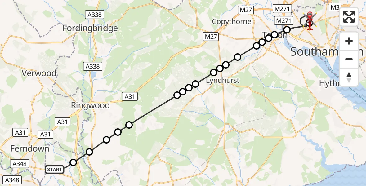 Flight route map: Air Ambulance Helicopter to University Hospital Southampton, University Hospital Southampton