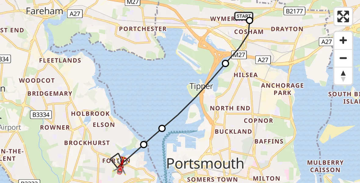 Flight route map: Air Ambulance Helicopter to Gosport, Forton Road