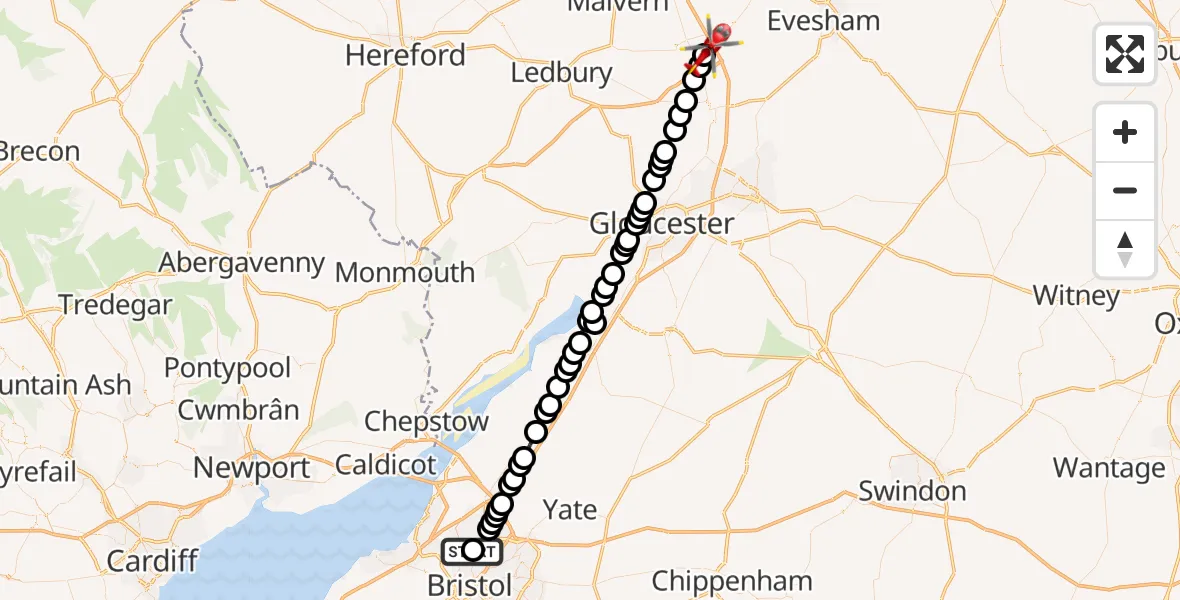 Flight route map: Air Ambulance Helicopter to Upper Strensham, Strensham Road