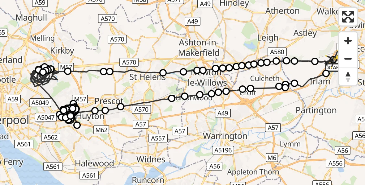 Flight route map: Police Helicopter to Worsley, Twelve Yards Road