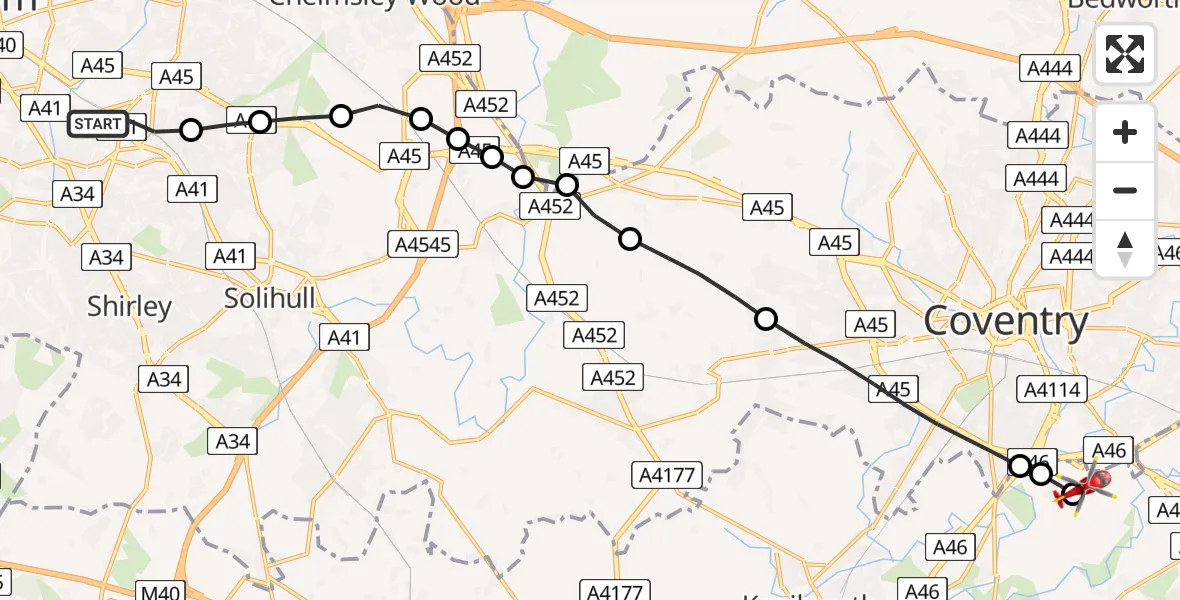 Routekaart van de vlucht: Air Ambulance Helicopter to Coventry Airport, Coventry Airport