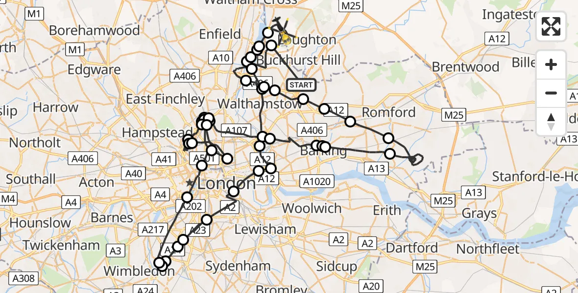 Flight route map: Police Helicopter to Sewardstonebury, Bury Road